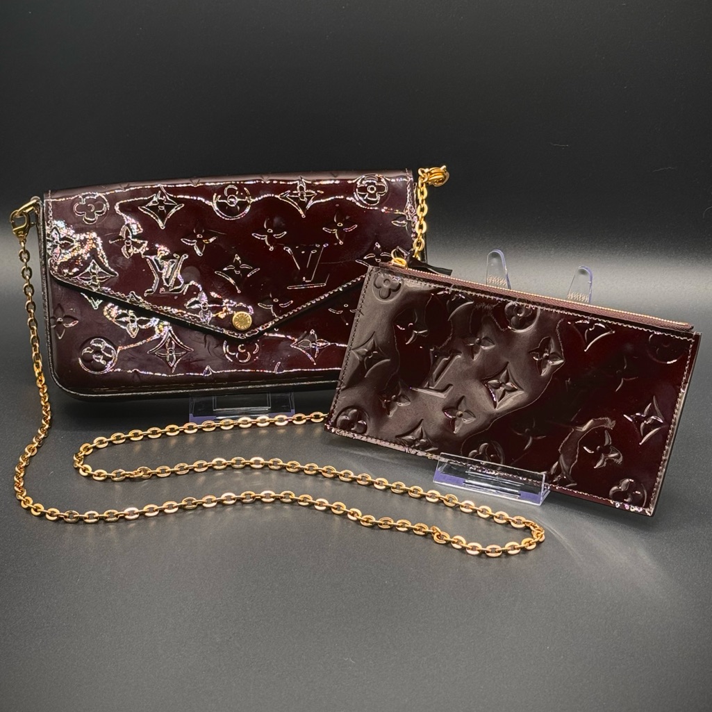 Louis Vuitton Vernis Patent Leather In Burgundy With Gold Chain + Wallet